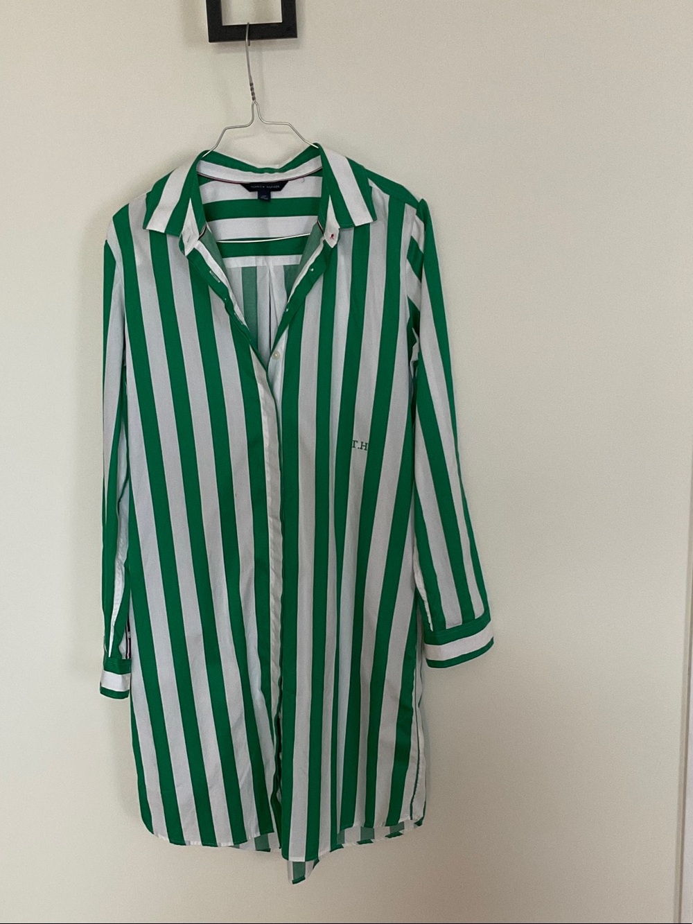 Tommy Hilfiger Green and White Long Sleeve Striped Shirt Dress